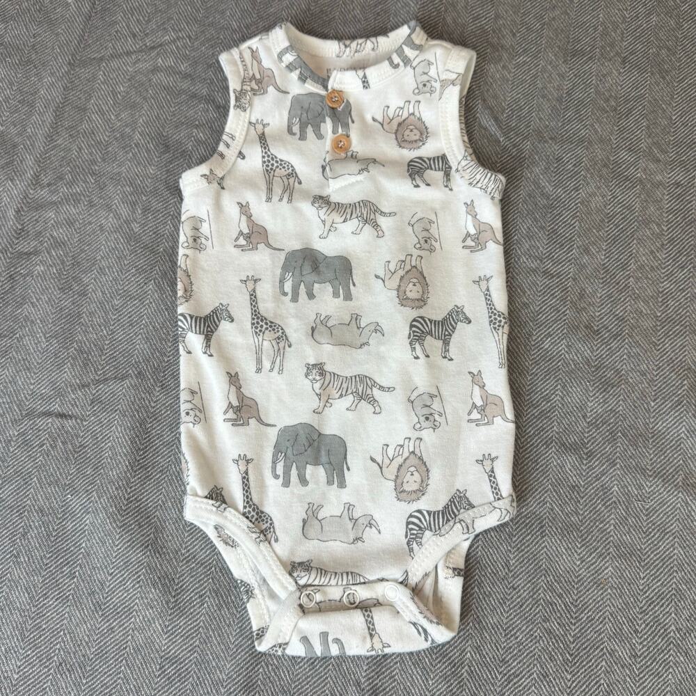 Badgley Mischka Animal Zoo Print Boy Henley Onesie Bodysuit Romper 12-18 Months